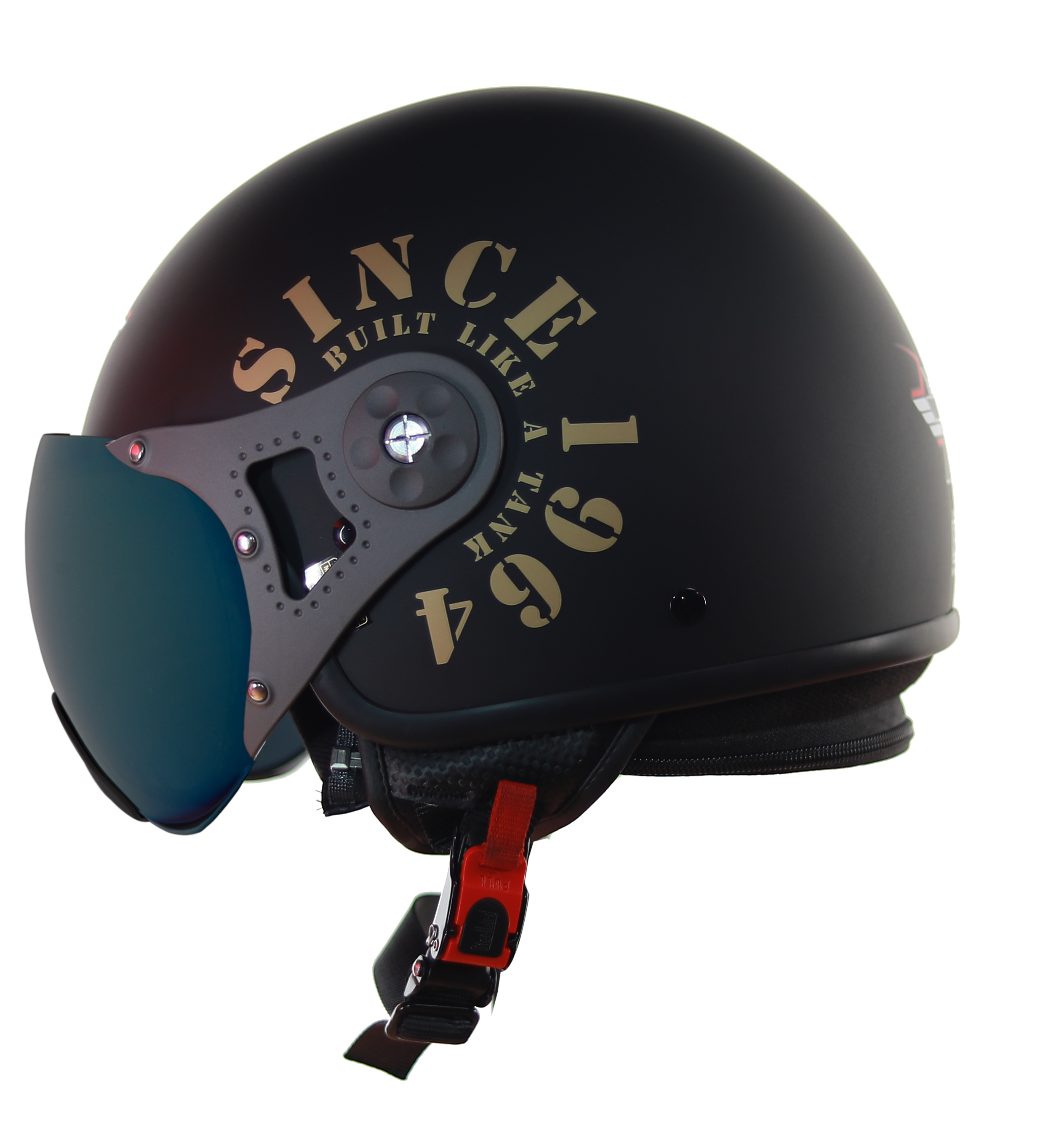 Steelbird SB-27 7Wings Tank Open Face Graphic Helmet (Matt Black Gold With Chrome Gold Visor)